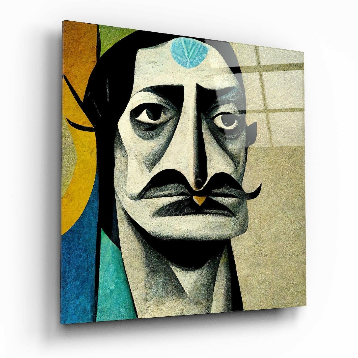 Glass wall art featuring a stylized portrait of a man with a prominent mustache, geometric shapes in yellow, blue, and green on the left side, and a blue circle on the forehead.