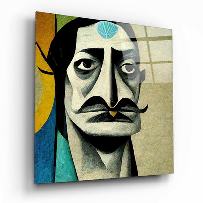 Glass wall art featuring a stylized portrait of a man with a prominent mustache, geometric shapes in yellow, blue, and green on the left side, and a blue circle on the forehead.