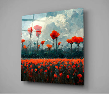 Glass wall art panel mounted on grey wall displaying vibrant red poppies in field beneath cloudy sky.