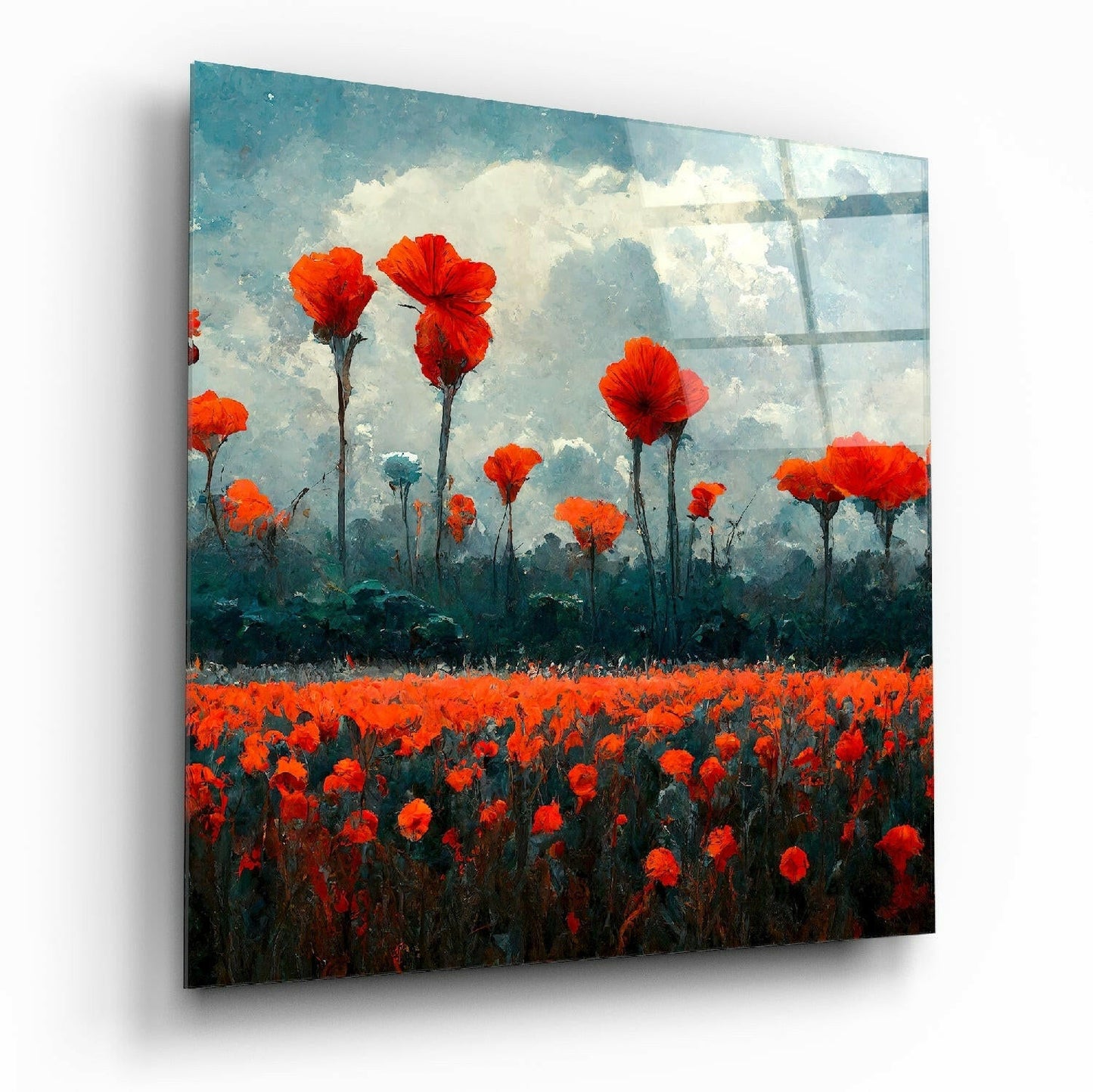 Red poppy field landscape artwork displayed as a glass wall panel with visible shadow effect against white background.