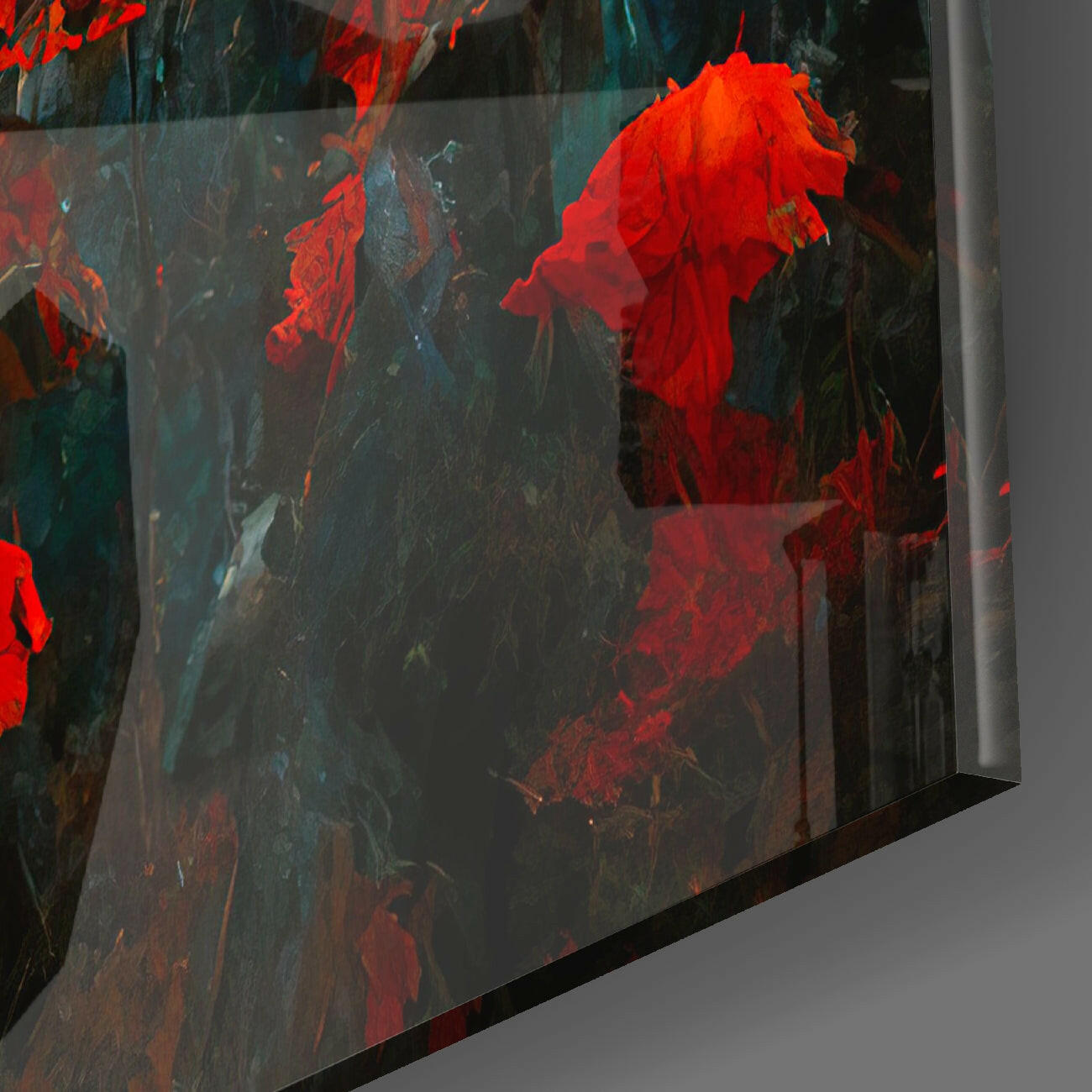 Close-up angled view of glass wall art showing vibrant red poppies against dark teal and grey textured background with black frame edge visible.