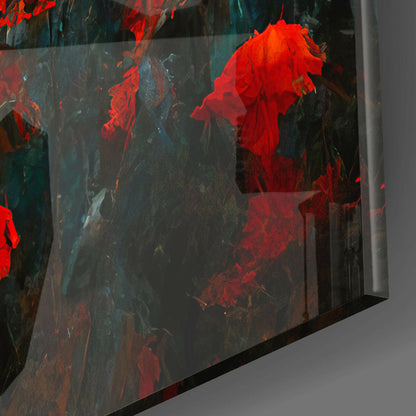 Close-up angled view of glass wall art showing vibrant red poppies against dark teal and grey textured background with black frame edge visible.
