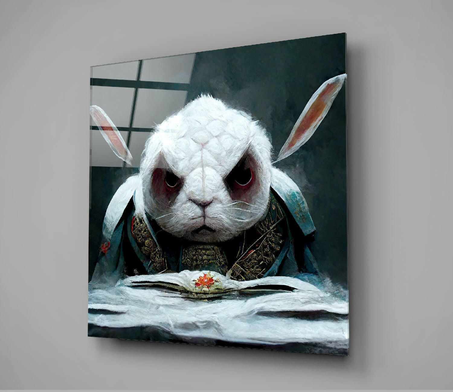 White rabbit wearing ornate teal robes reading an open book with a small flower, displayed as glass wall art against gray wall.