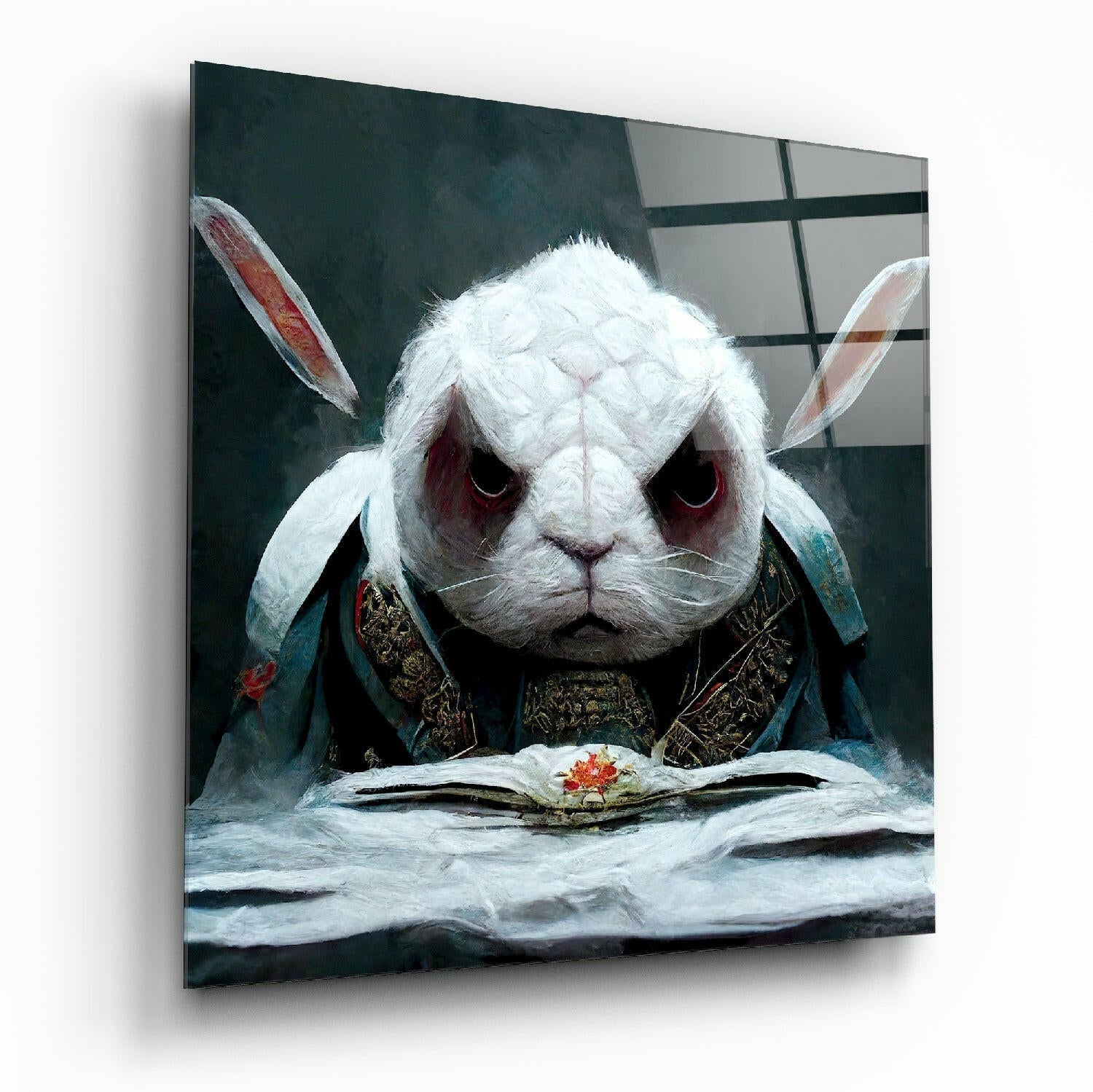 White rabbit with red eyes wearing ornate teal robes reads open book with red flower on gray glass wall art.