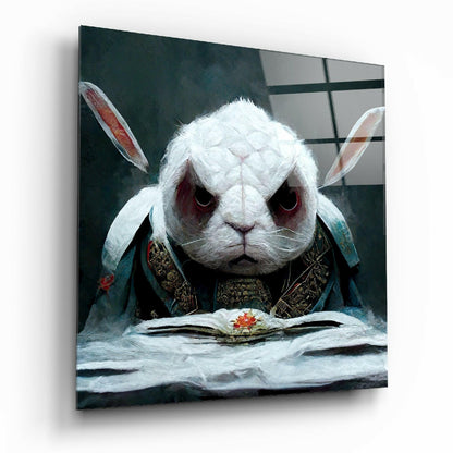 White rabbit with red eyes wearing ornate teal robes reads open book with red flower on gray glass wall art.