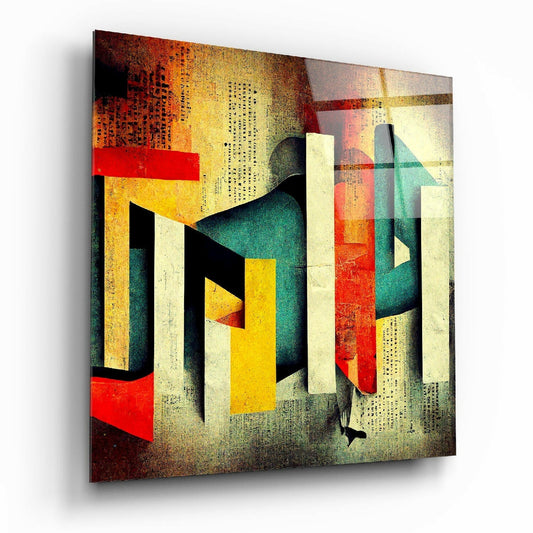 Modern glass wall art featuring layered geometric shapes in red, yellow, teal, and cream with textured background, angled three-quarter view showing depth and shadow.