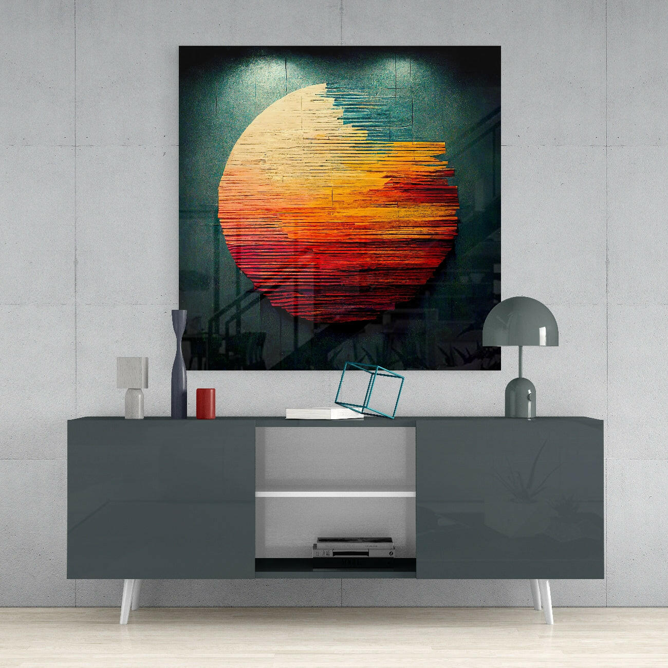 Modern living room interior featuring a circular sun glass wall art with horizontal striped texture in cream, orange, and red tones above a gray media console.