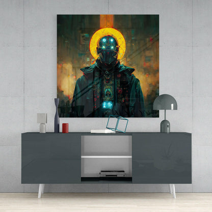 Futuristic cyborg figure with glowing yellow halo and luminescent chest panel displayed above gray media console in modern interior setting.