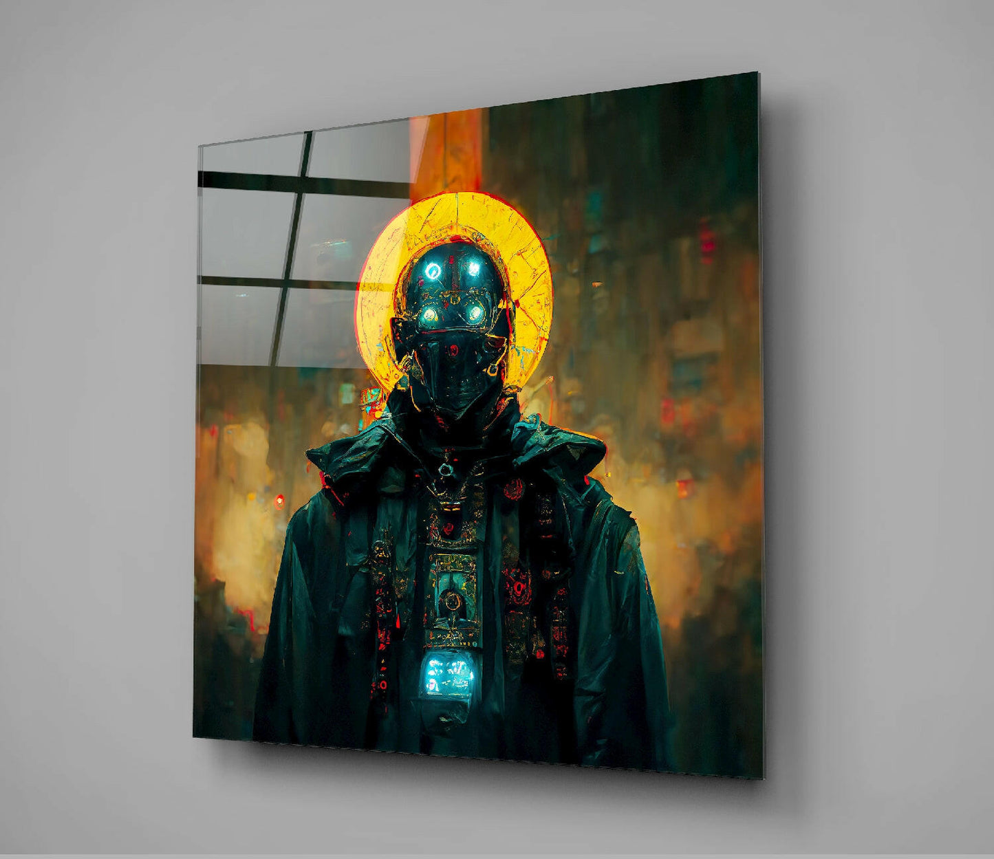 Glass wall art mounted on gray wall showing cyberpunk figure with glowing blue eyes, yellow halo, and neon chest panel against dark urban background.