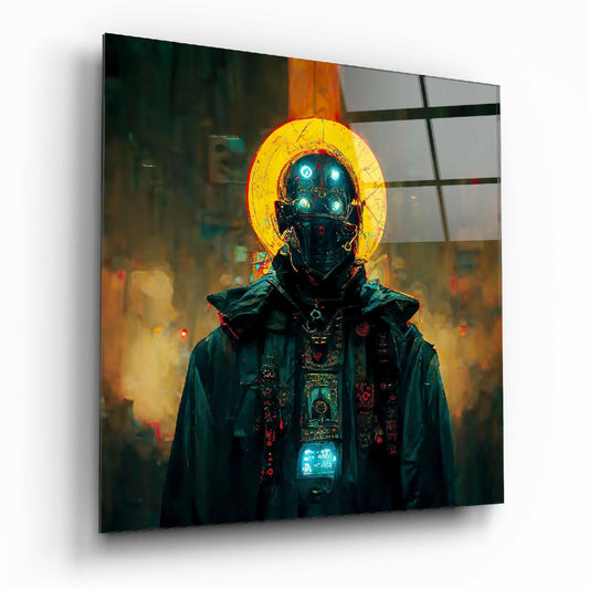 Angled view of glass wall art depicting a dark figure with glowing cyan eyes, yellow halo, and ornate chest panel against warm amber cityscape background.