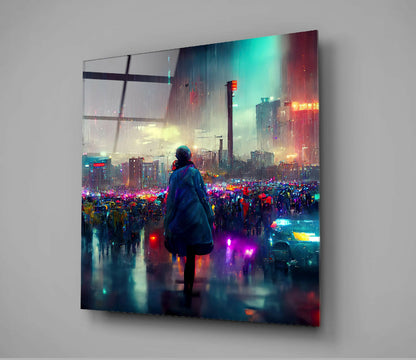 Glass wall art mounted on gray wall showing solitary figure facing neon-lit cityscape with vibrant pink, cyan, and orange lighting effects.