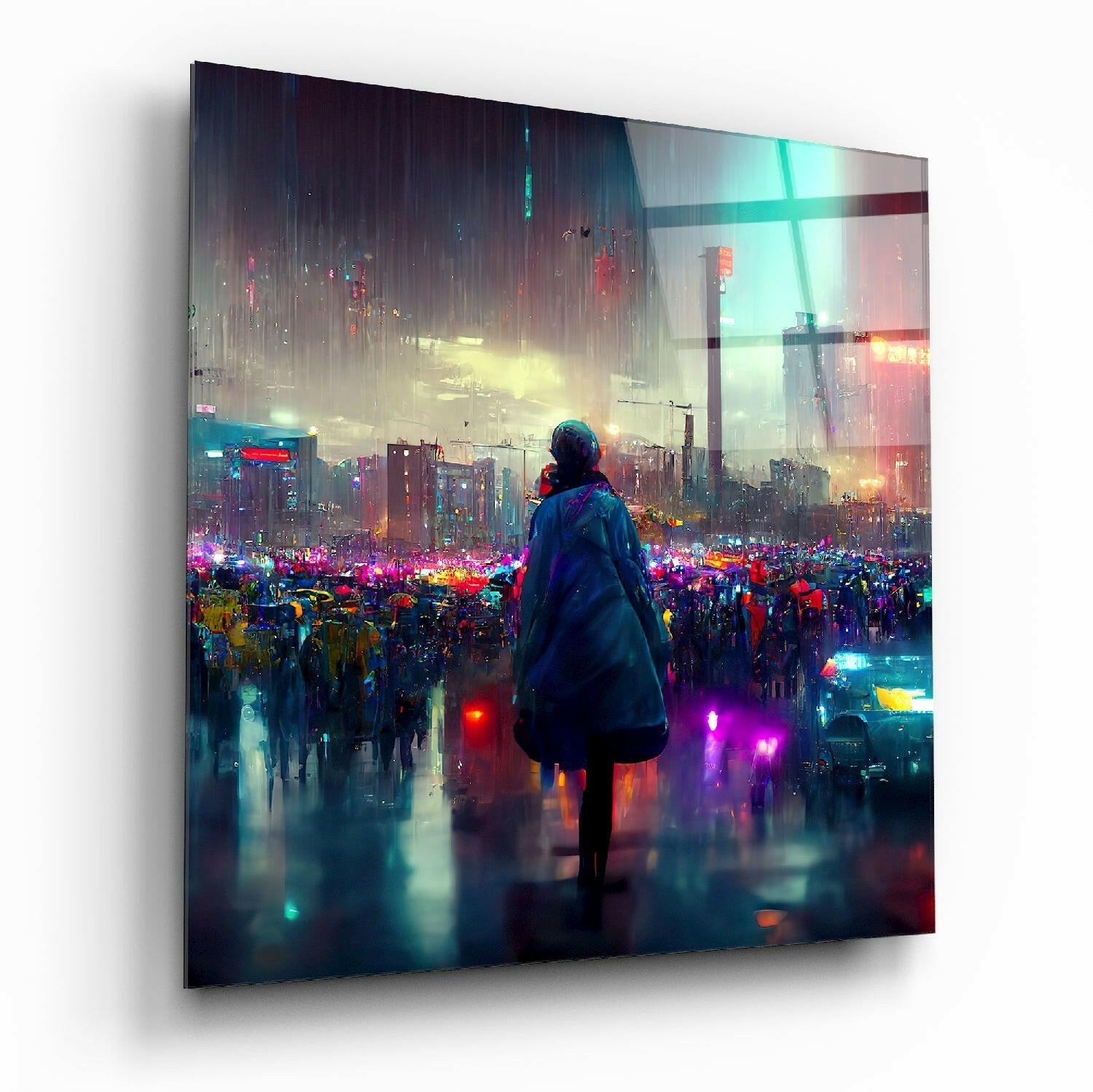 Square glass wall art displaying a solitary figure in blue jacket overlooking a neon-lit futuristic cityscape with vibrant pink, cyan, and yellow lights reflecting on wet ground.