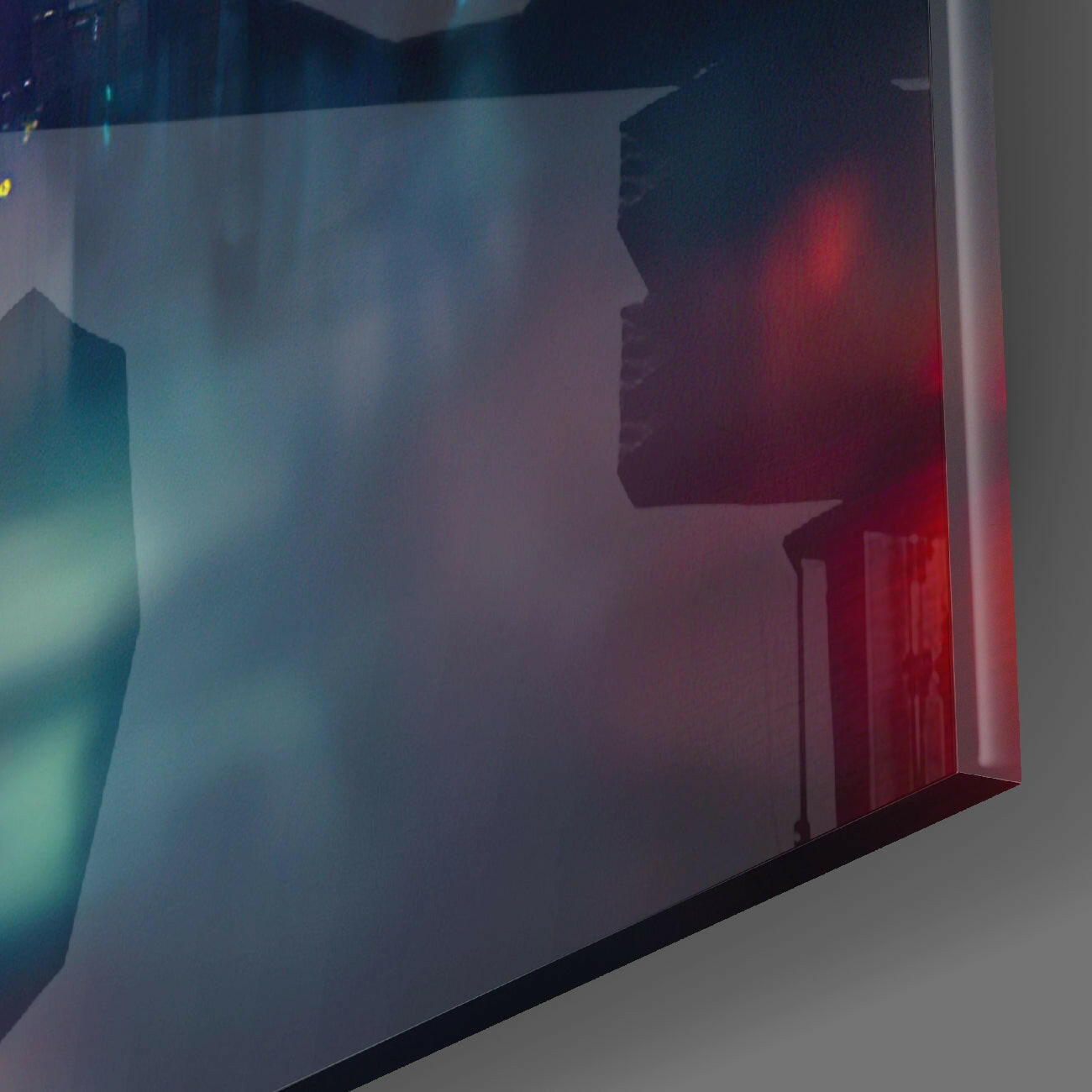 Frosted glass wall art panel with silhouette of person against city skyline, red and blue gradient lighting, side angle view.