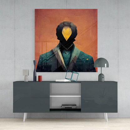 Modern interior scene featuring abstract portrait artwork with yellow leaf-shaped face above mid-century console table with lamp and accessories.