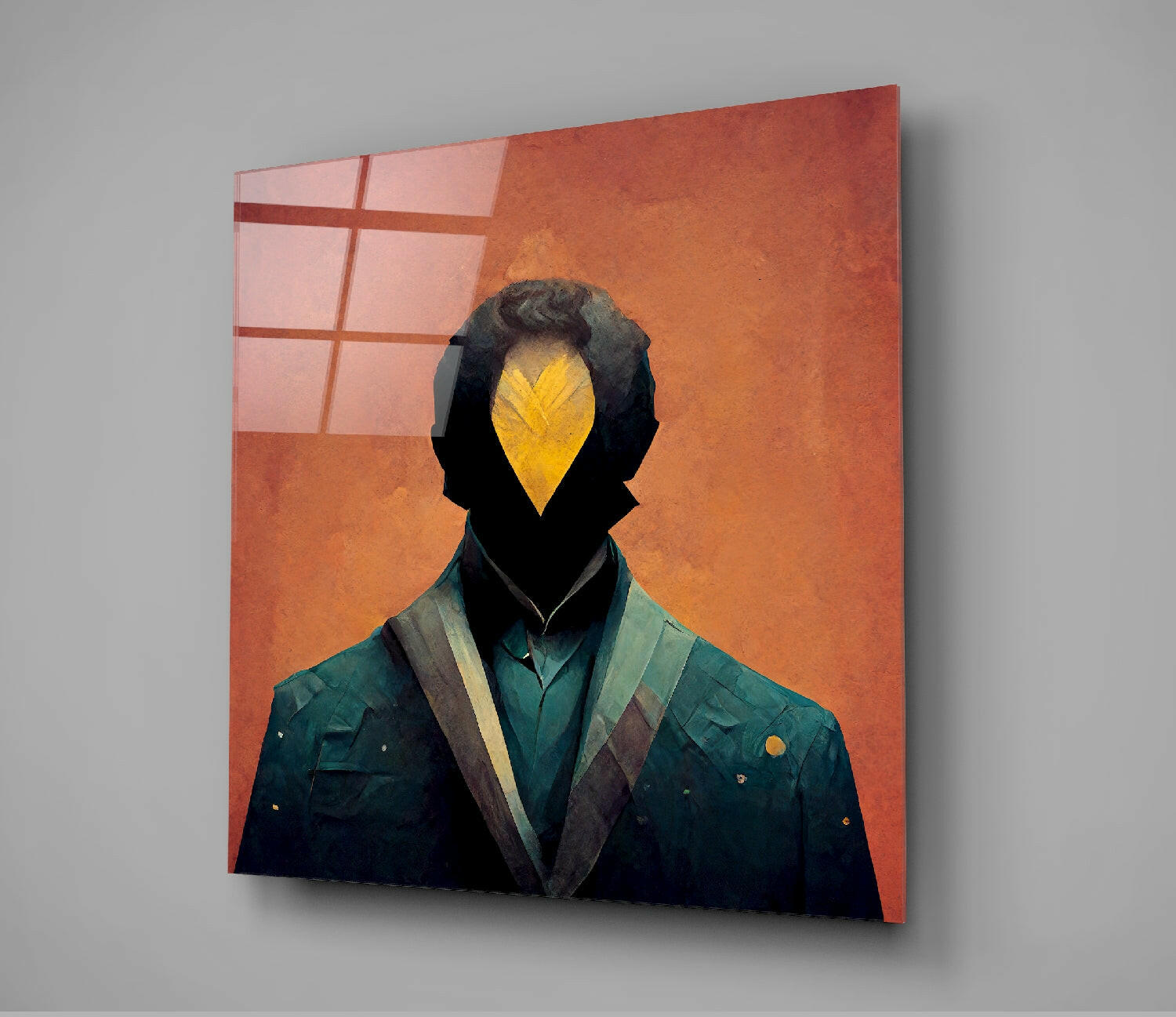 Glass wall art displaying a figure with a yellow leaf for a head, wearing a dark teal jacket, against an orange background with a window.