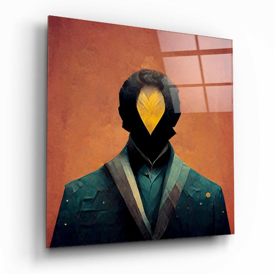 Abstract portrait of faceless figure in dark teal jacket with yellow leaf-shaped head against warm orange and coral gradient background on glass panel.