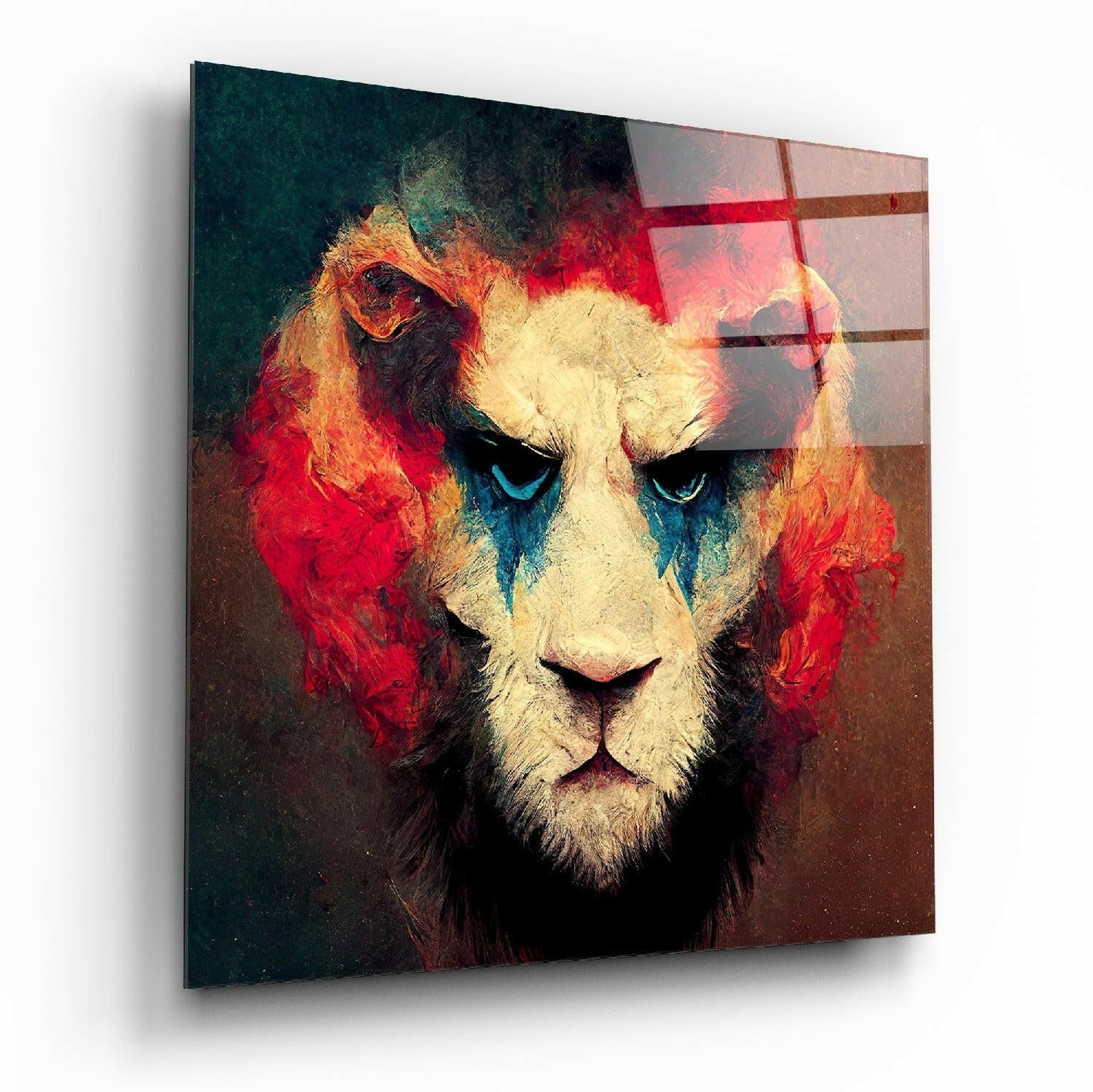 Fiery Red Mane Lion Blue Eyes Glass Wall Art