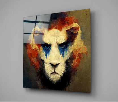 Blue War Paint Lion Amber Mane Glass Wall Art