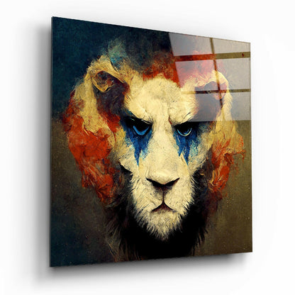 Blue War Paint Lion Amber Mane Glass Wall Art