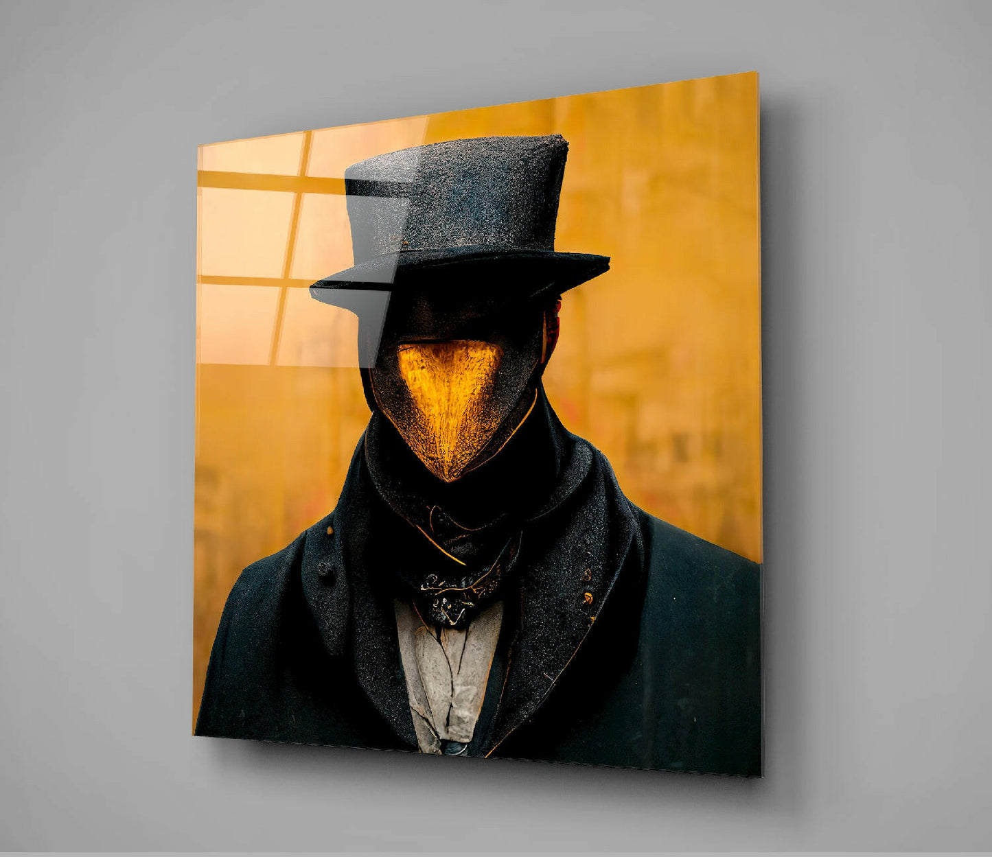 A figure with a glowing golden triangular face wears a black top hat and dark coat against a warm yellow background, displayed as a glass wall art panel.