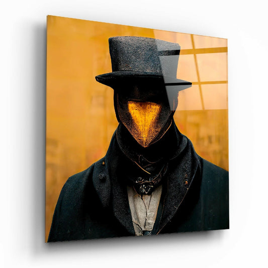 A figure in a black coat and top hat with a glowing golden bird-shaped head against a warm yellow and orange gridded background on glass.