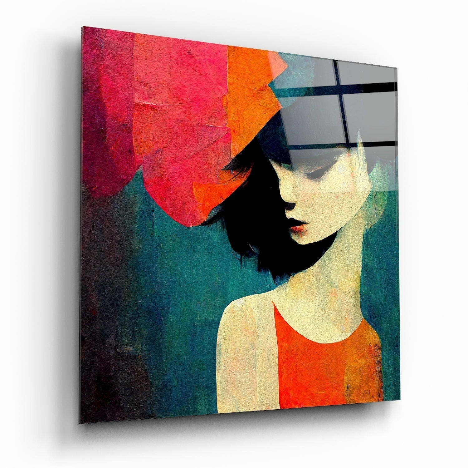 Abstract portrait of a woman in profile with black hair and pale skin, wearing red and orange clothing, against layered teal and burgundy background on glass panel.