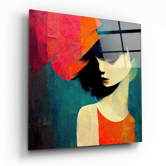 Abstract portrait of a woman in profile with black hair and pale skin, wearing red and orange clothing, against layered teal and burgundy background on glass panel.