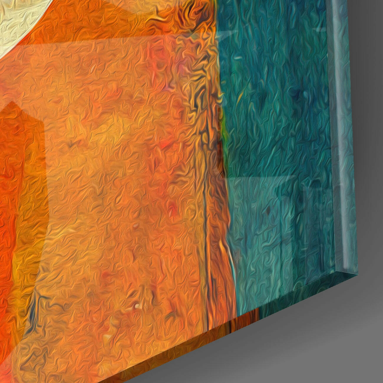 Close-up angled view of textured glass wall art featuring warm orange-to-yellow gradient transitioning to deep teal-green, with fluid rippled surface pattern.