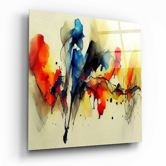 Abstract watercolor art on cream canvas featuring bold red, blue, yellow, and black splashes with ink drips, displayed at an angle.