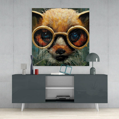 Whimsical glass art print of an orange cat wearing oversized round gold-framed glasses displayed above a modern gray console table.