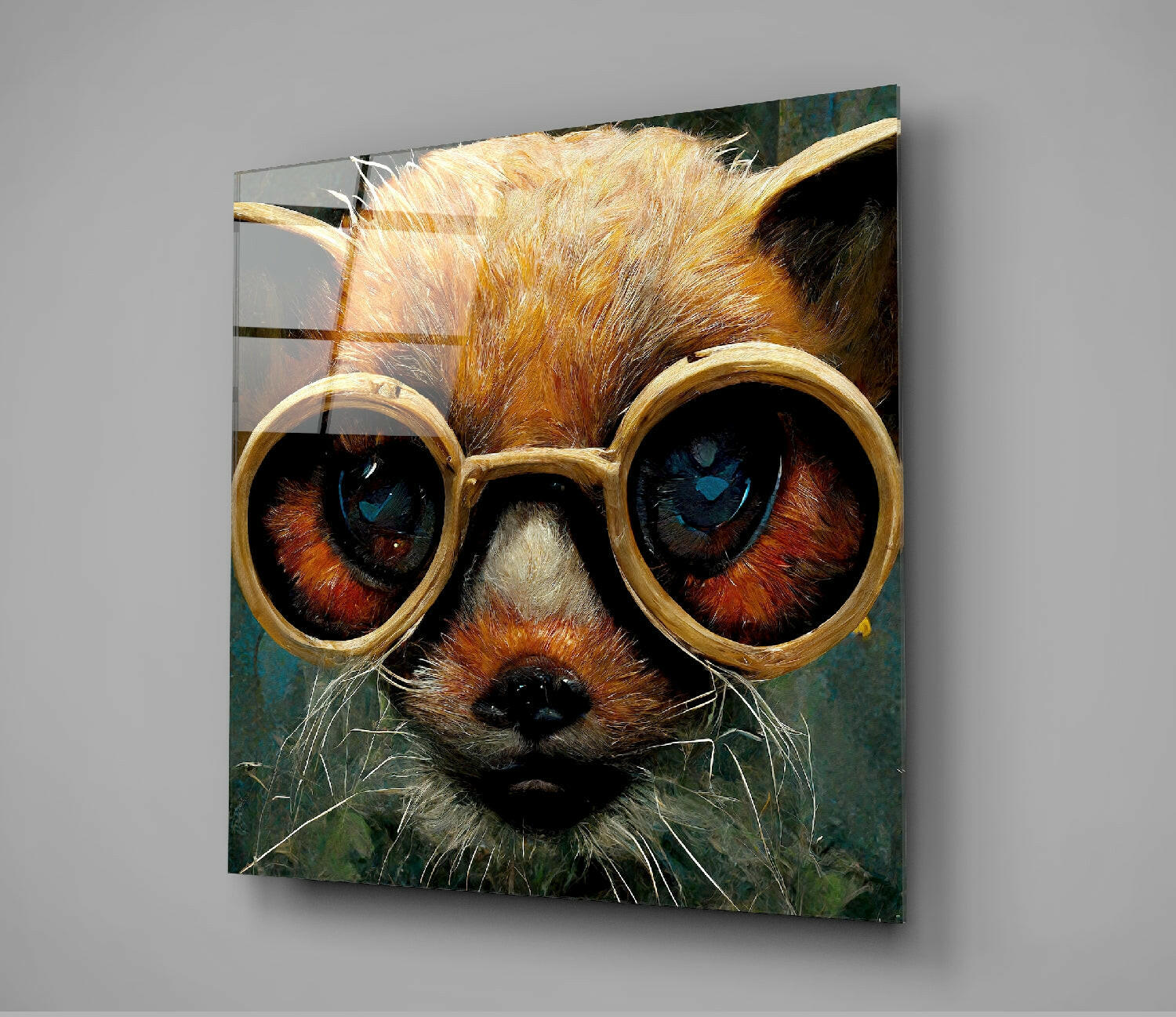 Orange and white cat wearing oversized round gold-framed glasses on teal background glass wall art.