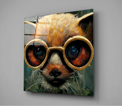 Orange and white cat wearing oversized round gold-framed glasses on teal background glass wall art.