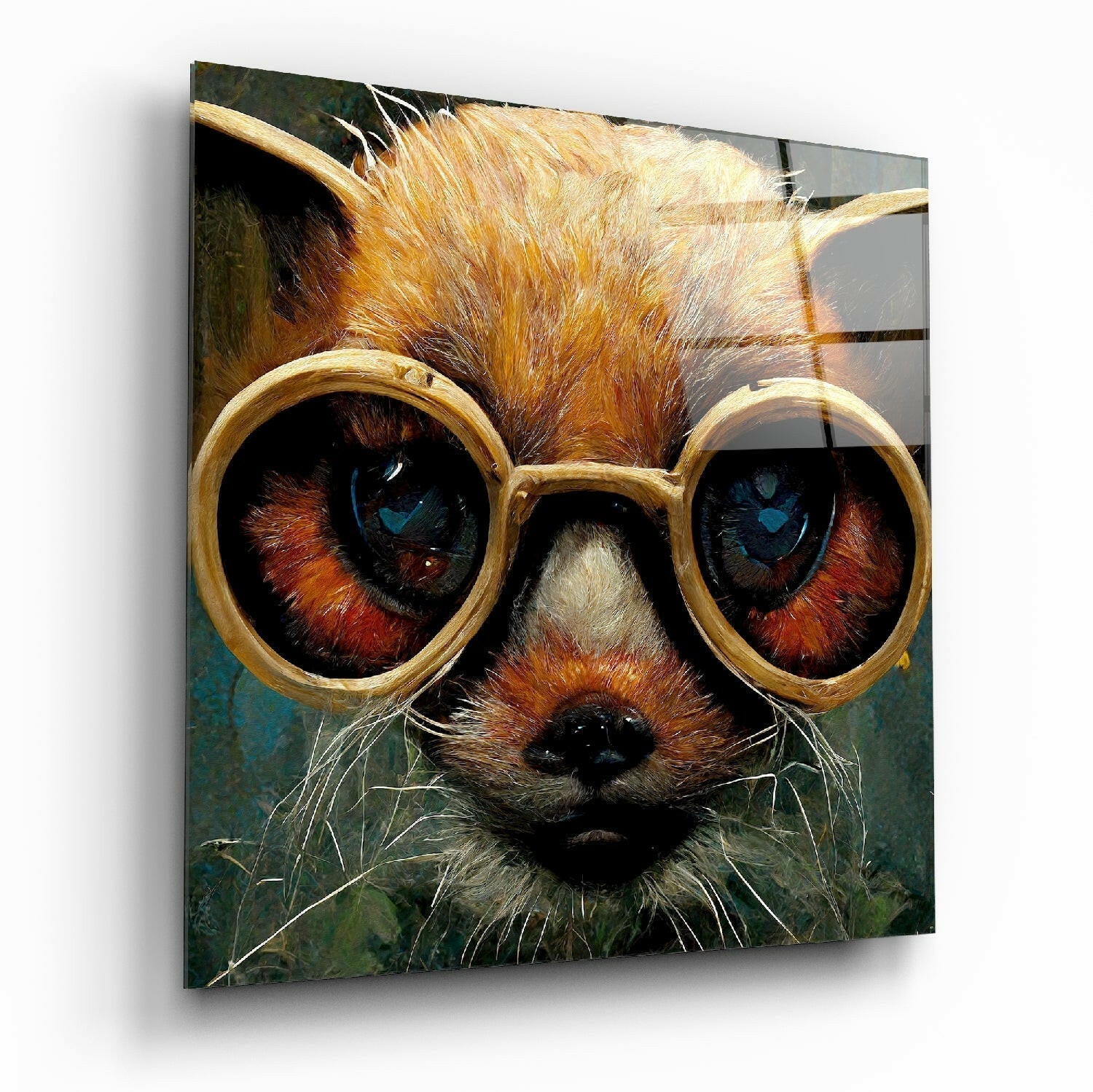 A whimsical cat wearing oversized golden round glasses with striking blue and amber eyes against a teal background on glass wall art.
