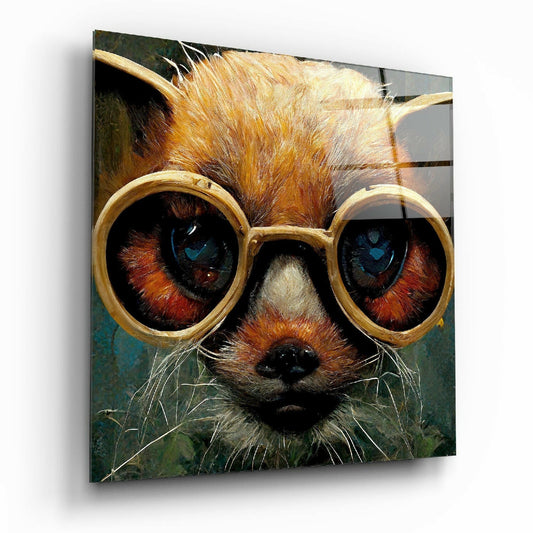 A whimsical cat wearing oversized golden round glasses with striking blue and amber eyes against a teal background on glass wall art.