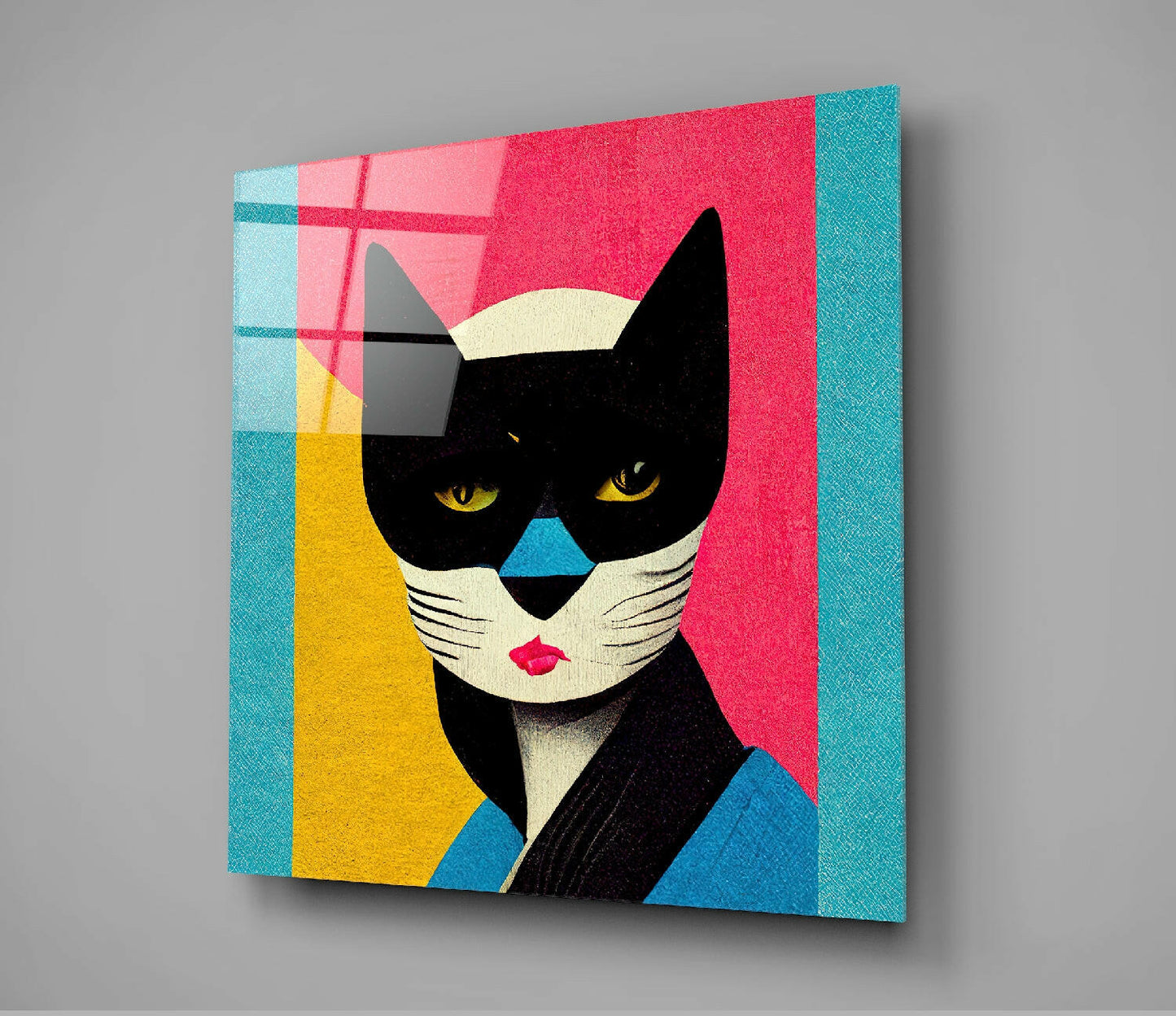 Black Masked Cat Pink Yellow Blocks Glass Wall Art