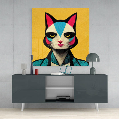 Retro Cat in Teal Dotted Jacket Glass Wall Art