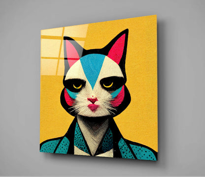 Retro Cat in Teal Dotted Jacket Glass Wall Art