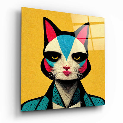 Retro Cat in Teal Dotted Jacket Glass Wall Art