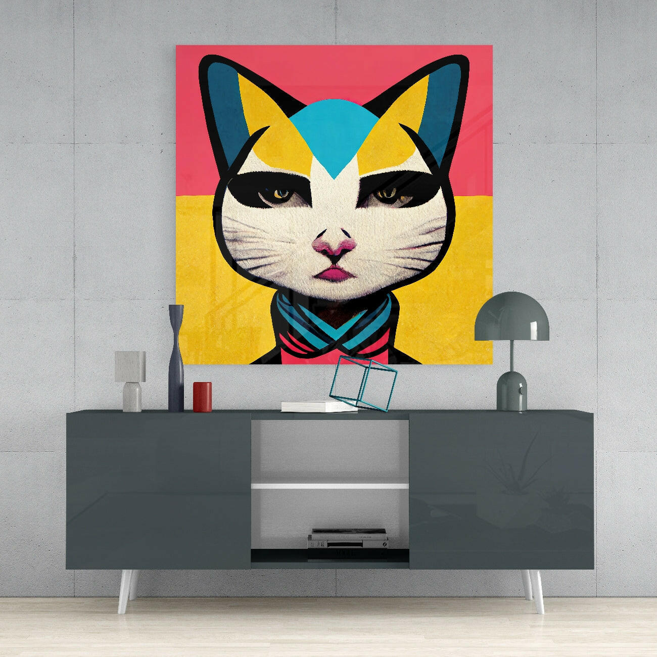 Pop Art Cat Pink and Yellow Split Glass Wall Art