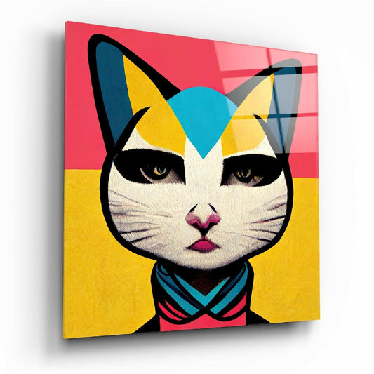 A square pop art canvas displaying a stylized white cat face with black outline, yellow and blue geometric head markings, and pink lips against a divided pink and yellow background.