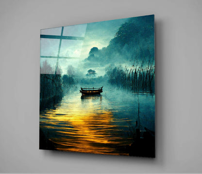 Misty Teal River Boat Golden Glow Glass Wall Art