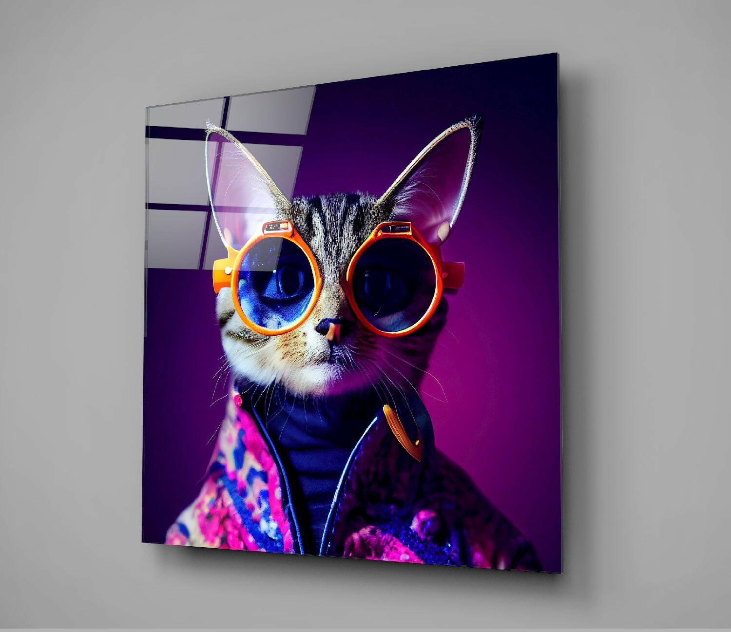 Neon cat wearing orange-rimmed sunglasses displayed on purple gradient glass wall panel mounted at angle.