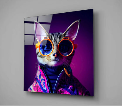 Neon cat wearing orange-rimmed sunglasses displayed on purple gradient glass wall panel mounted at angle.