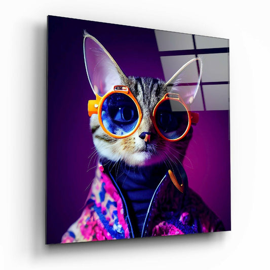 Cat wearing orange-framed sunglasses and headphones against vibrant purple background on glass panel.