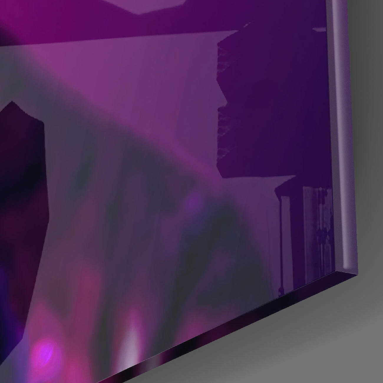 Purple-tinted glass wall art panel with silhouetted cat profile, illuminated by magenta backlighting against white wall.