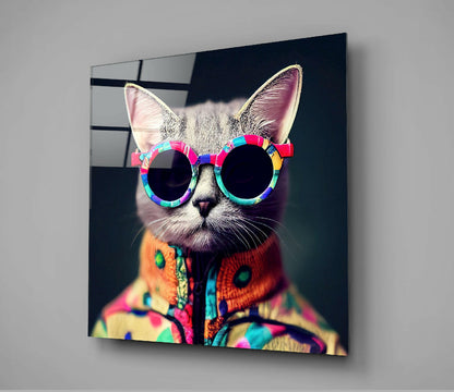 Glass wall art panel displaying a stylized cat wearing colorful rainbow sunglasses and matching patterned sweater against dark background.