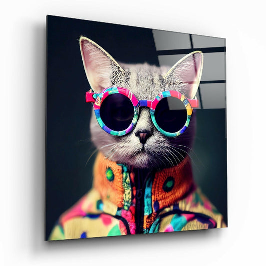 White cat wearing rainbow-framed sunglasses and colorful patterned jacket against dark background on glass wall art.