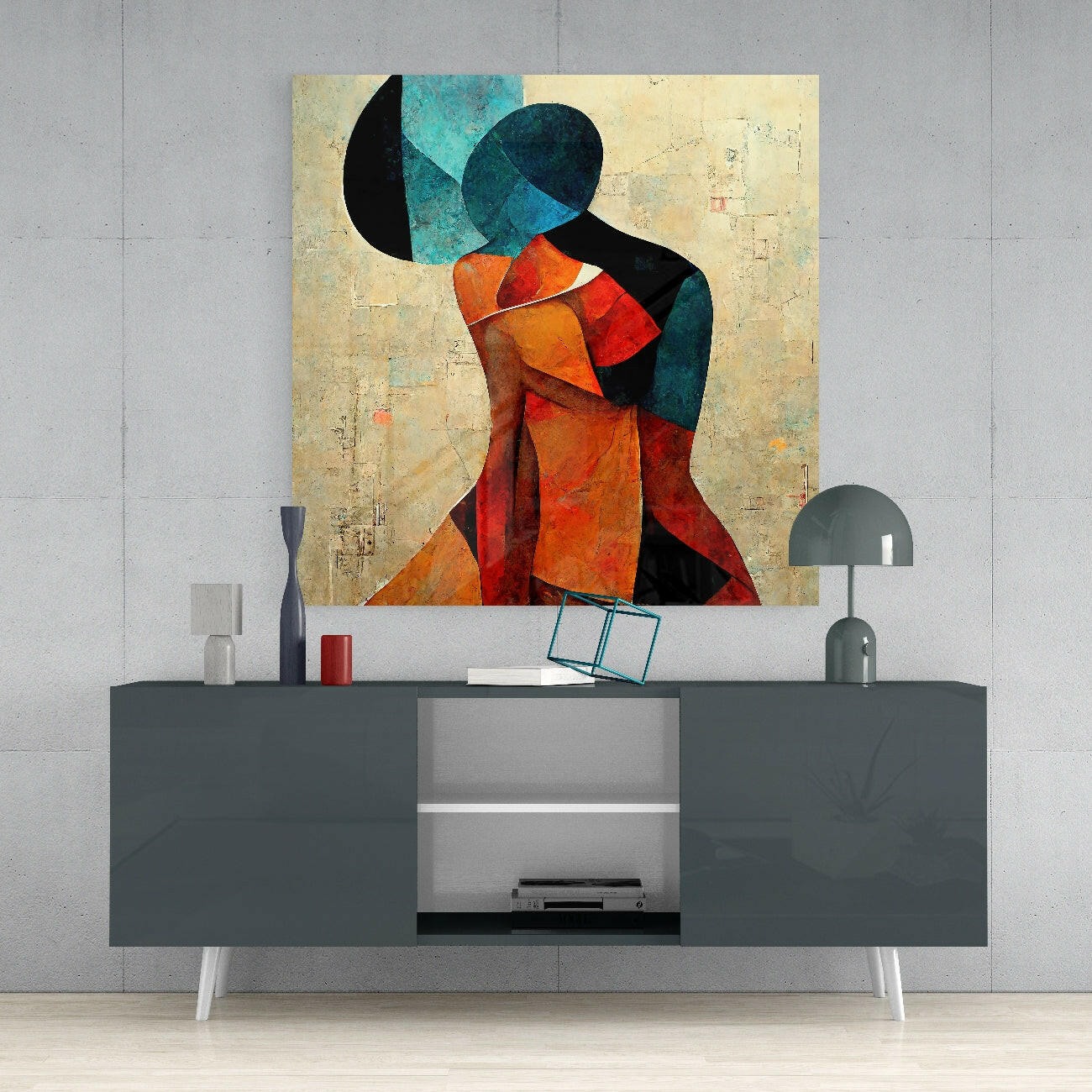 Cubist Teal Orange Embracing Couple Glass Wall Art