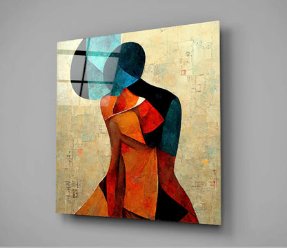 Cubist Teal Orange Embracing Couple Glass Wall Art