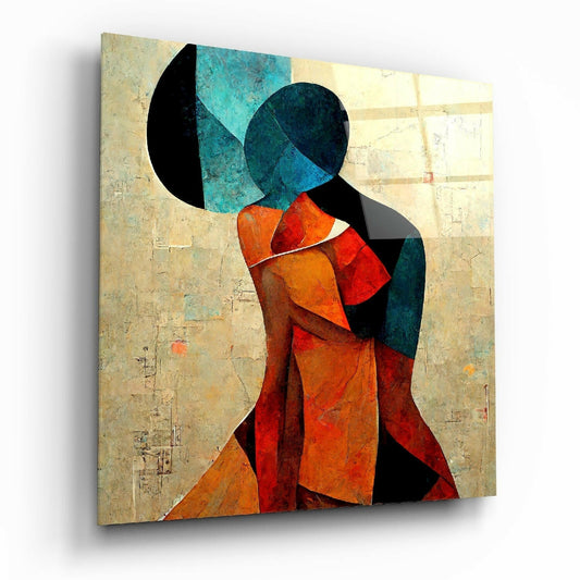 Angled front view of glass wall art depicting two abstract cubist figures in teal and orange tones against a textured beige background.